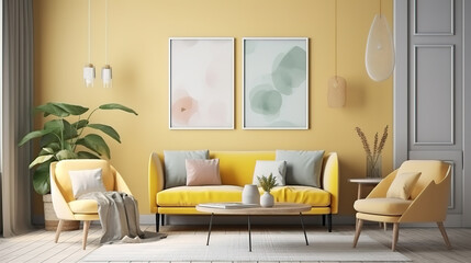Stylish scandinavian composition of living room with design armchair. Generative Ai