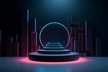 Futuristic neon podium scene template for product presentation with abstract geometric backdrop, realistic modern pedestal mockup Generative AI 