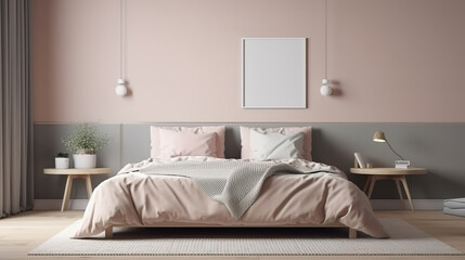 Bright bedroom mockup, rattan wooden bed in a beige background. Generative Ai