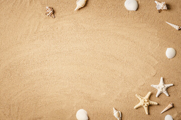 Fototapeta na wymiar starfishes and sea shells on sand