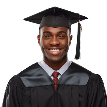 Portrait of a handsome, young, black african american man wearing graduation cap and gown. Isolated on transparent background, no background.