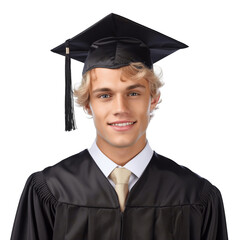 Portrait of a handsome, young, blond man wearing graduation cap and gown. Isolated on transparent background, no background.