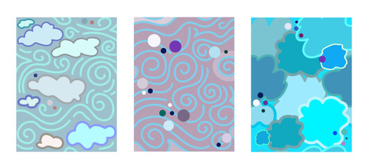 Elements of nature Air. Vector drawing of clouds air and wind background. Collection set of three. Colourful abstract forms of clouds winds. World air day Background for cards, 
