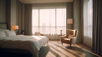 Interior of a modern luxury bedroom hotel bedroom, minimal style, soft sun lit bedroom 