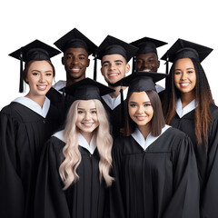 A group of culturally diverse young people wearing graduation cap and gown. Isolated on transparent background, no background. 