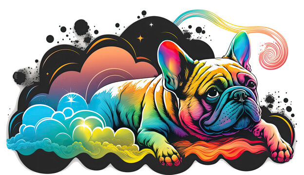 Rainbow French Bulldog on a Cloud Transparent Background Generative 