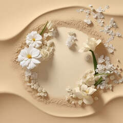 Obraz na płótnie Canvas Copy space and round frame made of white flowers on sand. Pastel background with petals. Romantic minimal concept. Generative AI.