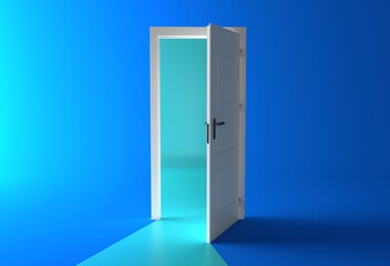Open the door. Symbol of new career, opportunities, business ventures and initiative. Business concept. 3d render, turquoise light inside open door isolated on blue background. Modern minimal concept.