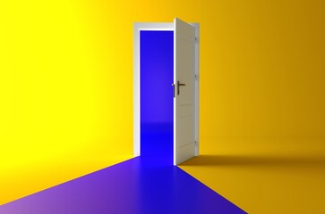 Open the door. Symbol of new career, opportunities, business ventures and initiative. Business concept. 3d render, blue light inside open door isolated on yellow background. Modern minimal concept.