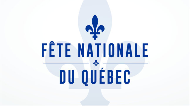 Vector banner design template with flag of Quebec province and text on white background. Translation from french: National holiday of Quebec. Saint Jean Baptist. June 24th.