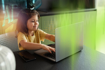 Caucasian little girl using a laptop PC. Education technology. EdTech. AI, futurism