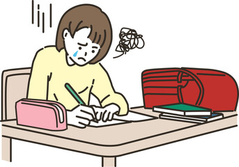 泣きながら勉強をする女子小学生
