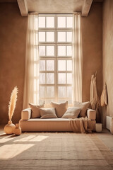 Fototapeta premium Minimalistic interior in neutral beige shades, summertime. Aesthetic bohemian interior design concept