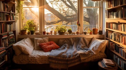 Cozy Sunlit Reading Nook in Corner - Generative AI