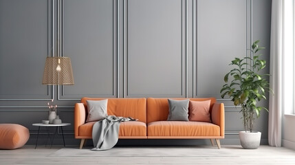 Minimal living room with yellow sofa and carpet, interior design ideas. Generative Ai