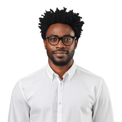 Portrait of a handsome, young black, african american man wearing eyeglasses and shirt. Isolated on transparent background. No background.
