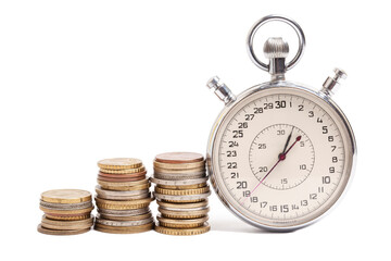 Time is money. Stopwatch and stacks of coins