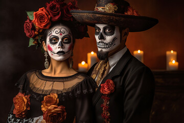 Dia de los muertos, male and female catrina: Catrina and Catrin wearing sugar skull make up. Halloween. Generative AI