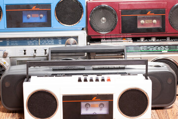 Collection of old tape recorders.