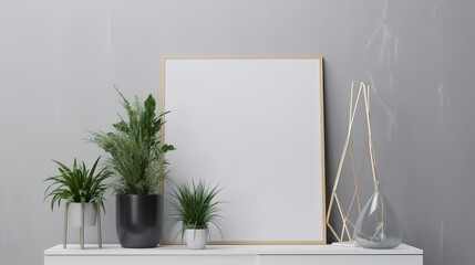 Poster frame mockup with decor on table and plant on empty white wall background. Generative Ai