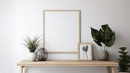 Black square frame with plants and branches. White wall, wooden shelf. Generative Ai