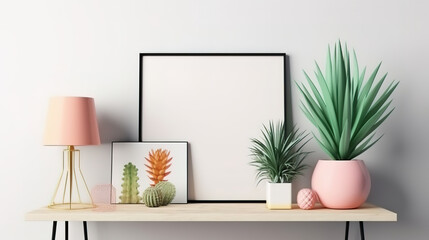 Poster frame mockup with decor on table and plant on empty white wall background. Generative Ai