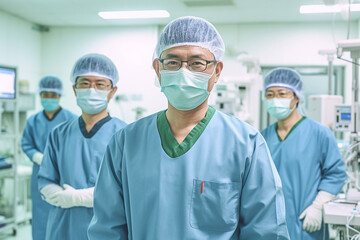 Fototapeta na wymiar Asian surgical team in masks and uniform keeping arms crossed and looking at camera while standing in operating theatre together Generative ai