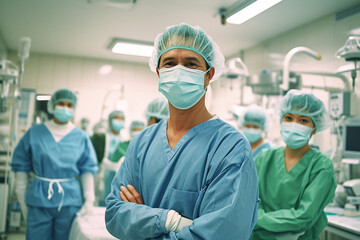 Asian surgical team in masks and uniforms keeping arms crossed and looking at the camera while standing in the operating theatre together Generative ai
