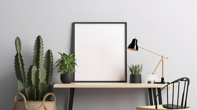 Empty horizontal frame mockup in modern minimalist interior with plant. Generative Ai