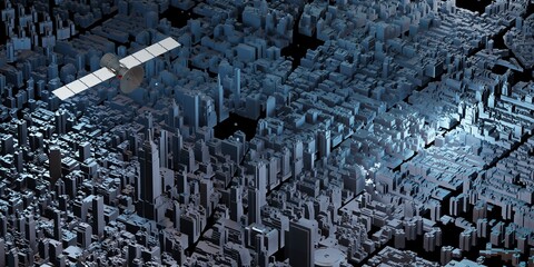 Transmission of satellite signals in the sky Above the big city Filled with tall buildings 3d illustration