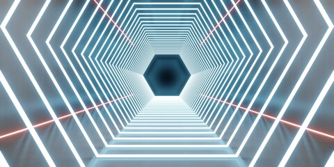 Tunnel of technology laser light and neon light 3d illustration