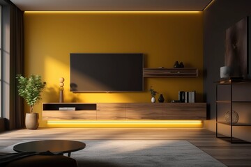 TV in modern living room at the yellow wall, created with generative AI