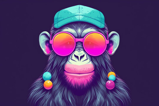 Portrait Of A Funny Monkey With Rainbow Glasses.