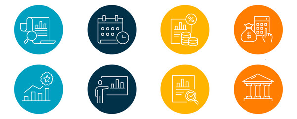Finance and Business Icon Set: Revenue, Stock Exchange, Accounting, and More. Editable Stroke Line icons.