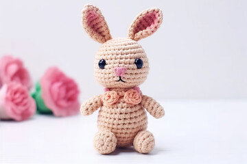 Pink crochet bunny with pink roses on the background