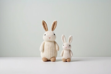 two white and beige crochet bunnies with a studio background - obrazy, fototapety, plakaty