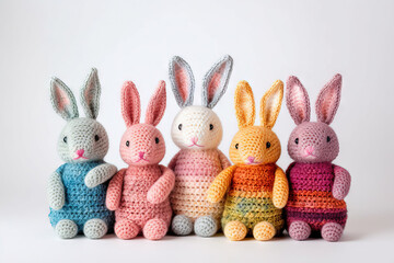five diferent color bunnies on a white studio background