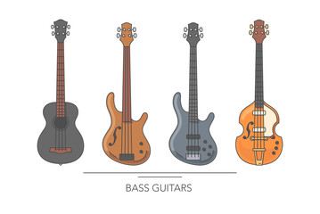 Bass guitar set. Outline colorful guitars on white background. Vector illustration.