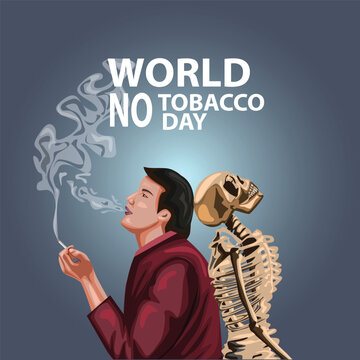 world no tobacco day poster. young man smoking cigarette with a skeleton. abstract vector illustration design