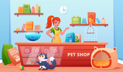 Pet shop interior with counter and signboard, showcase.cute pets, a cat and a canary, a bird, an aquarium fish and a female seller. A pet store. Food and toys for animals. Vector 