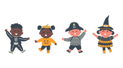 Halloween kids party. Multicultural group of children in halloween costumes. Witch, pirate, pumpkin and skeleton in the image. Vector illustration