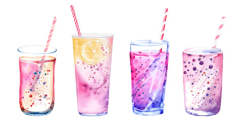 Set watercolor soda drink with straw and bubbles, summer fresh cocktails. vector