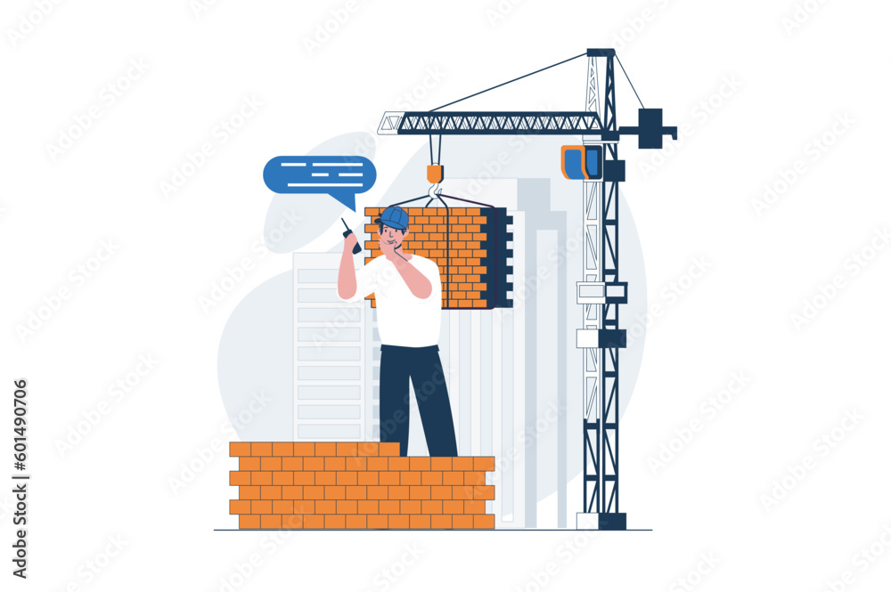 Leinwandbilder construction engineer web concept with character scene. man worker loading bricks with crane at buil