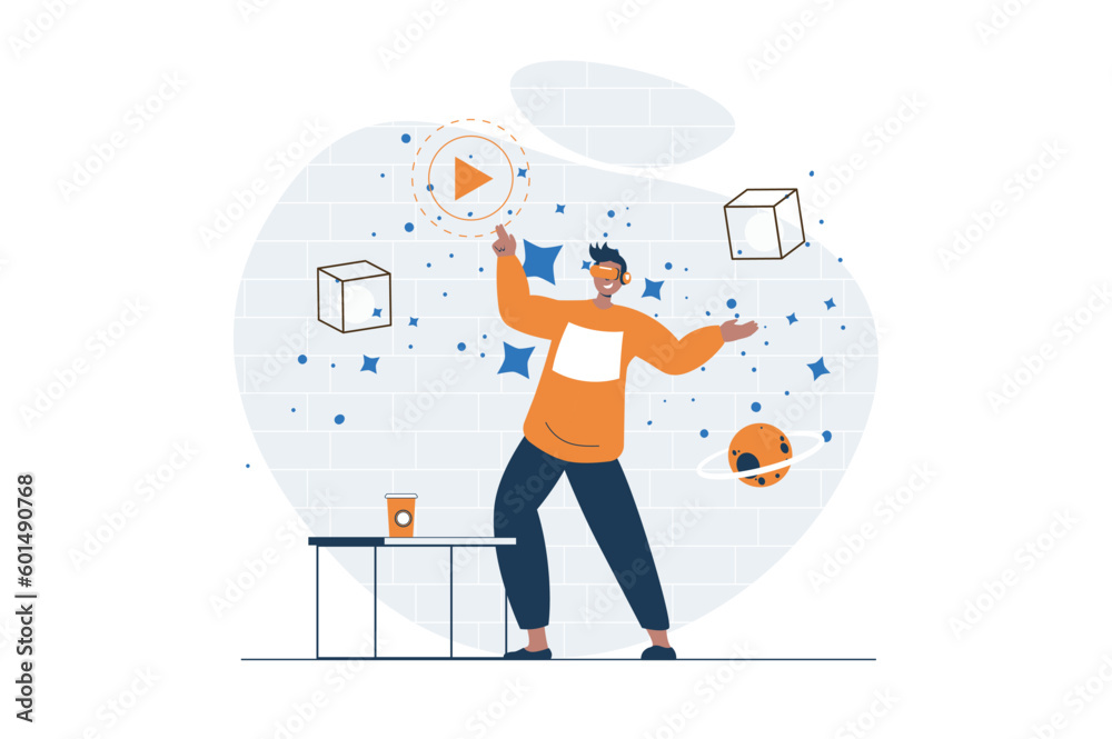 Leinwandbilder cyberspace web concept with character scene. man in vr glasses interacting with 3d objects in virtua