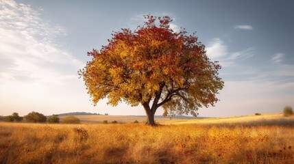 Naklejka na ściany i meble Photograph of a tree with leaves in shades of yellow on a meadow. Gorgeous autumnal background. Countryside. Generative AI. composite. 