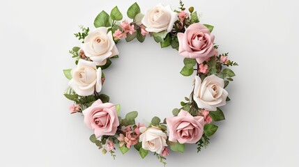 Obraz na płótnie Canvas Photorealistic floral wreath made up of pink and white roses and greenery. Bridal background, gorgeous background with copy space. Generative AI. 