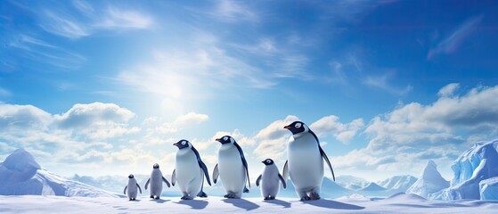 Photorealistic image of a family of penguins waddling. Lovely background with penguins. Stunning digital image. Generative AI composite.  - obrazy, fototapety, plakaty