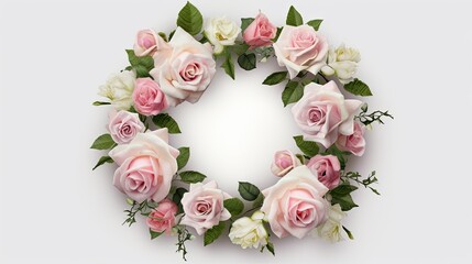 Fototapeta na wymiar Photorealistic floral wreath made up of pink and white roses and greenery. Bridal background, gorgeous background with copy space. Generative AI. 