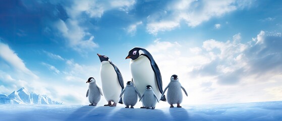 Photorealistic image of a family of penguins waddling. Lovely background with penguins. Stunning digital image. Generative AI composite.  - Powered by Adobe