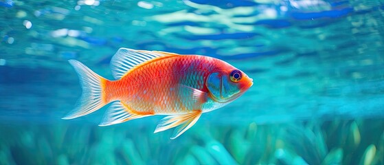 Professional photograph of a brightly coloured tropical fish in the water. Charming tropical abstract background. Generative AI. 